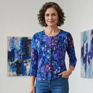 GARNET HILL 100% Merino Wool Floral Cardigan Small Cottagecore Boho Layering